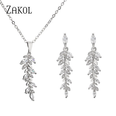 Adele Crystal Leaf Pendant Necklace & Drop Earrings Set