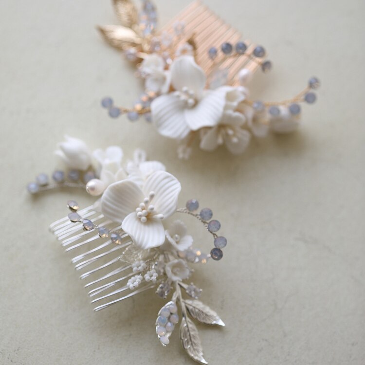 Maeve Porcelain Opal Flower Hair Comb- Silver/Gold